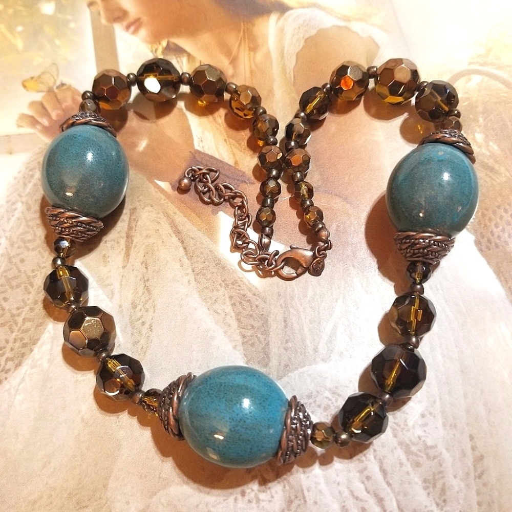 NEW Old Stock Premier Designs Copper Crystals Ceramic Beads Necklace